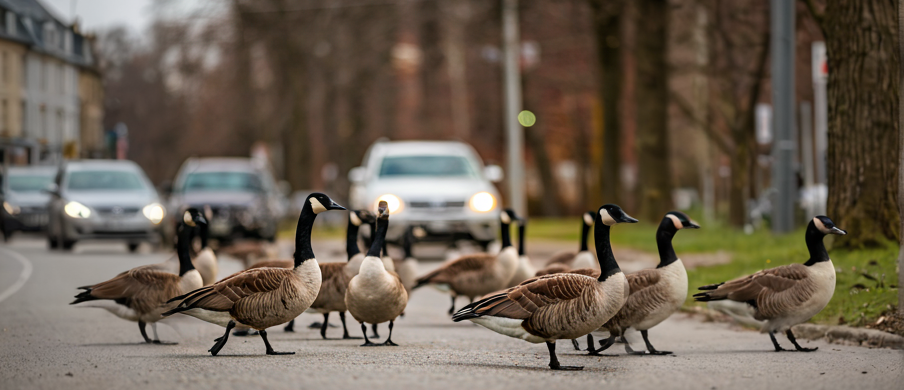 a group of canada geese crossing a busy road