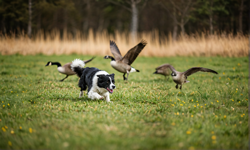 canada geese flying away from a running border collie dog