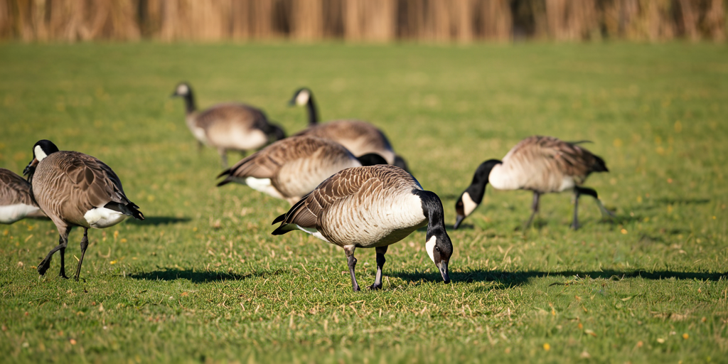 multiple canadageese grazing in a grassy field