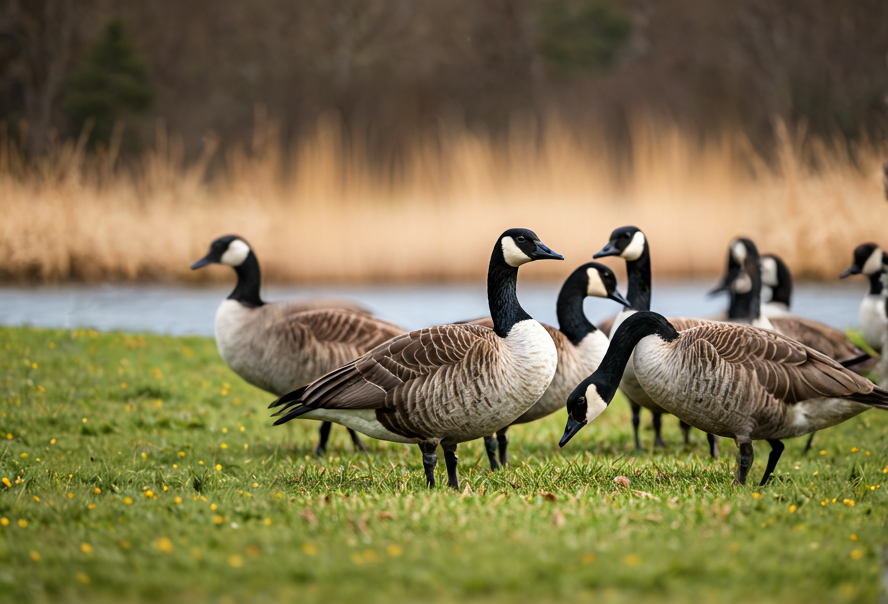 a group of canada geese standing on grass in front of water with reeds