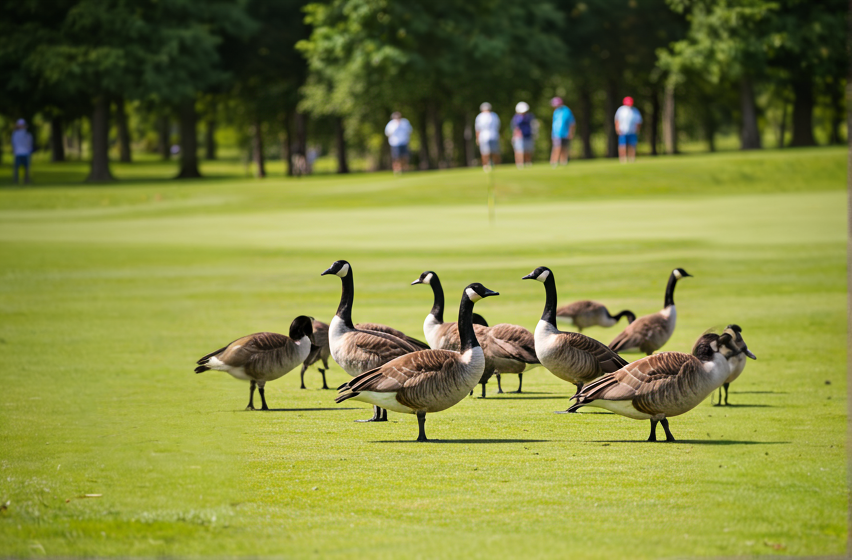 a group of canada geese on a golf course with a group of golfers behind them in the distance