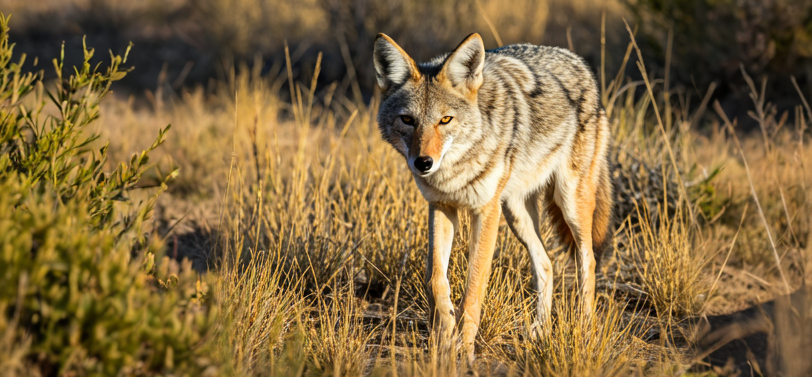 a coyote stalking through dry grass and desert plants